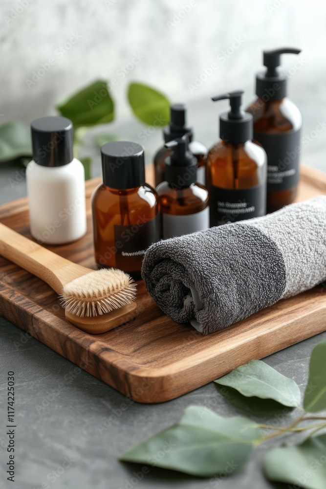 A wooden tray with a towel and a brush on it A wooden tray with a towel and a brush on it