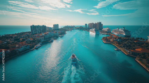 Wallpaper Mural Aerial panning shot of Nassau and Paradise Island with cruise ships in The Bahamas, 4K quality Torontodigital.ca