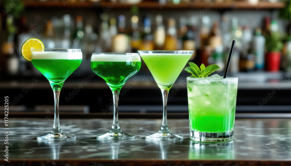 Variety of green cocktails on a bar counter Variety of green cocktails on a bar counter