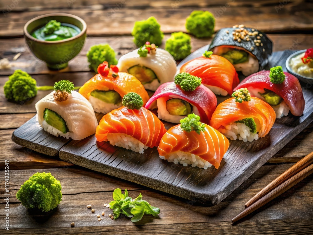 Fresh salmon sushi and sashimi shine, garnished beautifully, against a rustic wooden surface. A delicious photo. Fresh salmon sushi and sashimi shine, garnished beautifully, against a rustic wooden surface. A delicious photo.