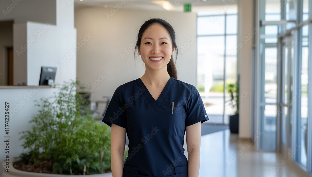A smiling healthcare professional in a modern medical facility. A smiling healthcare professional in a modern medical facility.