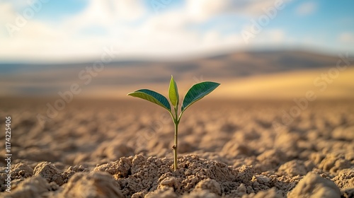 Hopeful Green Sprout Emerging from Dry Lifeless Desert Soil Under Clear Skies : Generative AI photo