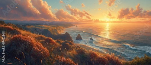 A serene coastal landscape at sunset with vibrant colors and waves.