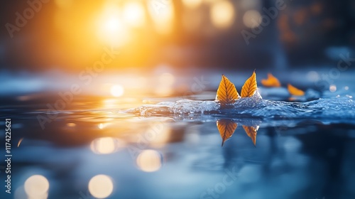 Orange leaves aligned on rippling water reflecting early morning sunlight : Generative AI photo