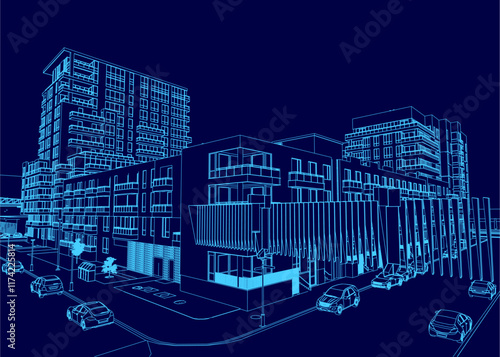 Blue drawing of a city street with a large building in the background. The street is lined with parked cars and a few pedestrians. Scene is urban and busy