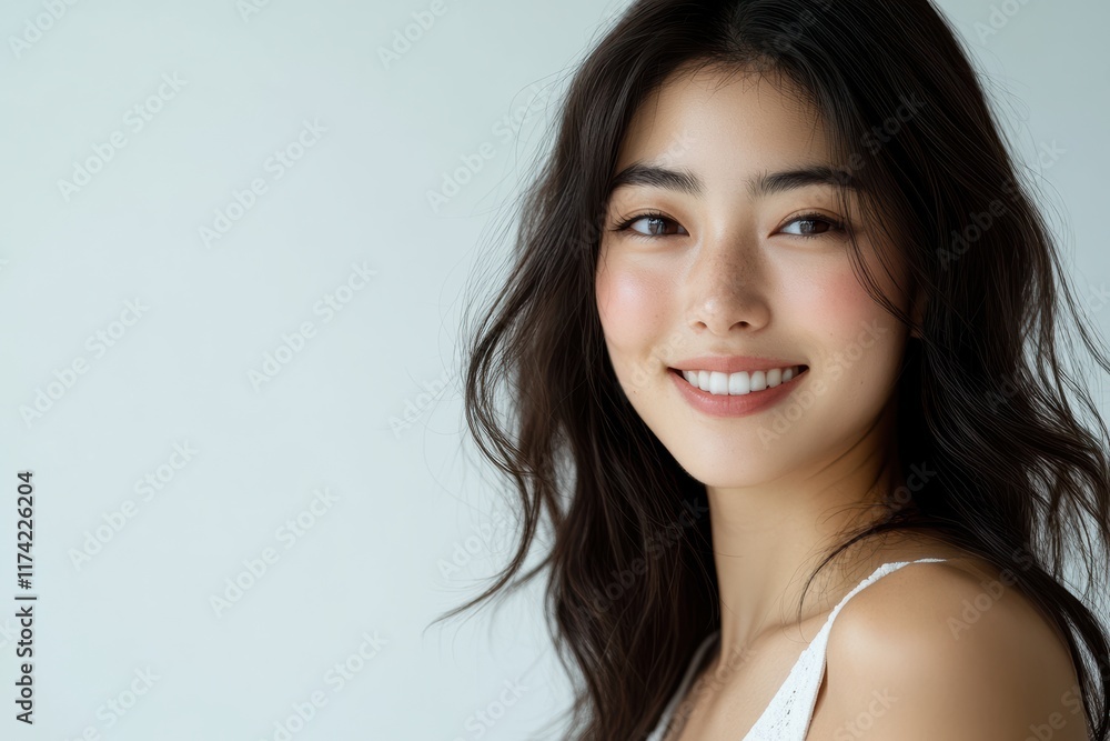 An Asian woman’s striking skin and confident pose highlight natural beauty and wellness, making her an excellent fit for cosmetic advertisements. An Asian woman’s striking skin and confident pose highlight natural beauty and wellness, making her an excellent fit for cosmetic advertisements.