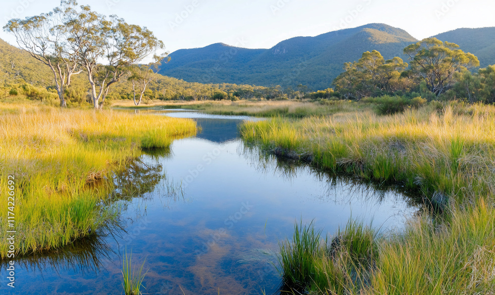 Serene landscape featuring a calm river and lush greenery under mountains. Serene landscape featuring a calm river and lush greenery under mountains.