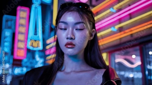 Wallpaper Mural A young woman in a neon-lit urban night scene. Torontodigital.ca