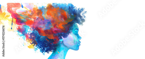 This artwork features a woman's profile with vibrant curls, radiating colors that symbolize creativity and expression