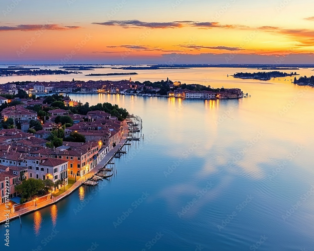 Fototapeta premium A stunning sunset over a calm lagoon, reflecting vibrant colors on the water, with charming waterfront buildings along the shore.