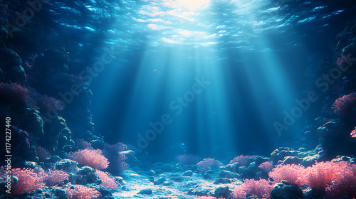 Underwater scene with sunbeams illuminating coral reef.