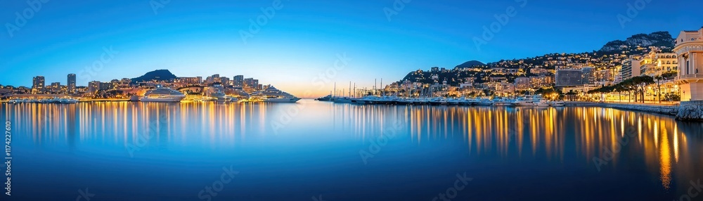 A serene panoramic view of a waterfront city at twilight, reflecting lights on calm waters, with buildings lining the shore. A serene panoramic view of a waterfront city at twilight, reflecting lights on calm waters, with buildings lining the shore.