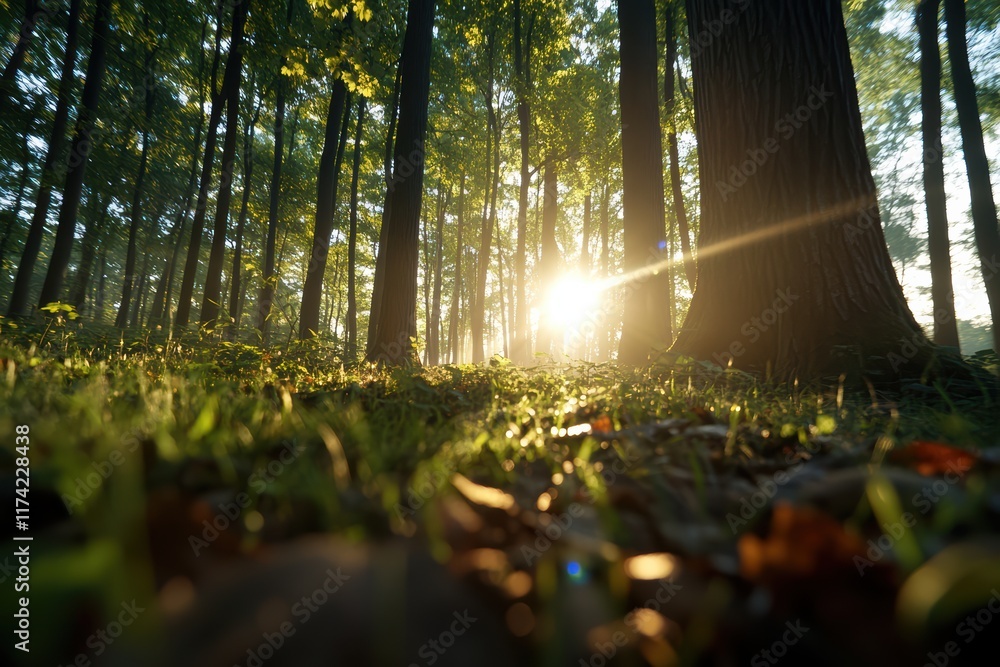 Obraz premium A forest with a tree in the foreground and a sun shining through the trees