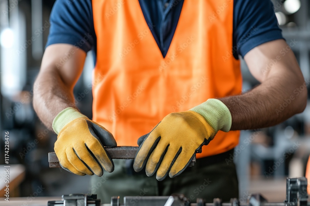 Factory worker inspecting metal part Factory worker inspecting metal part
