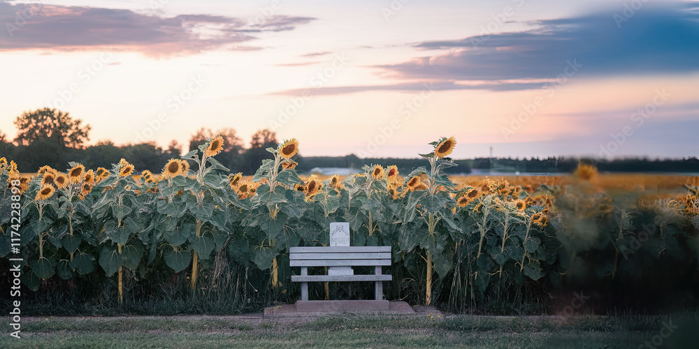 Serene Sunset View Bench in a Sunflowers Field at Dusk Serene Sunset View Bench in a Sunflowers Field at Dusk