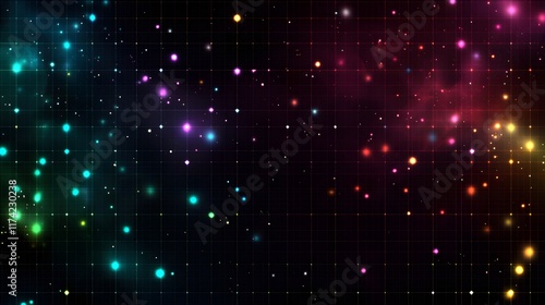 Abstract technology background features a transparent grid overlay with bright color bursts scattered across the screen, creating a futuristic interface backdrop