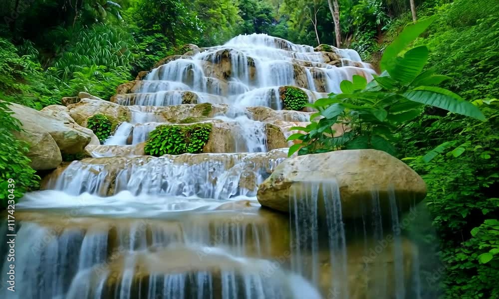 Serene waterfall cascading over rocky steps in lush greenery. Serene waterfall cascading over rocky steps in lush greenery.