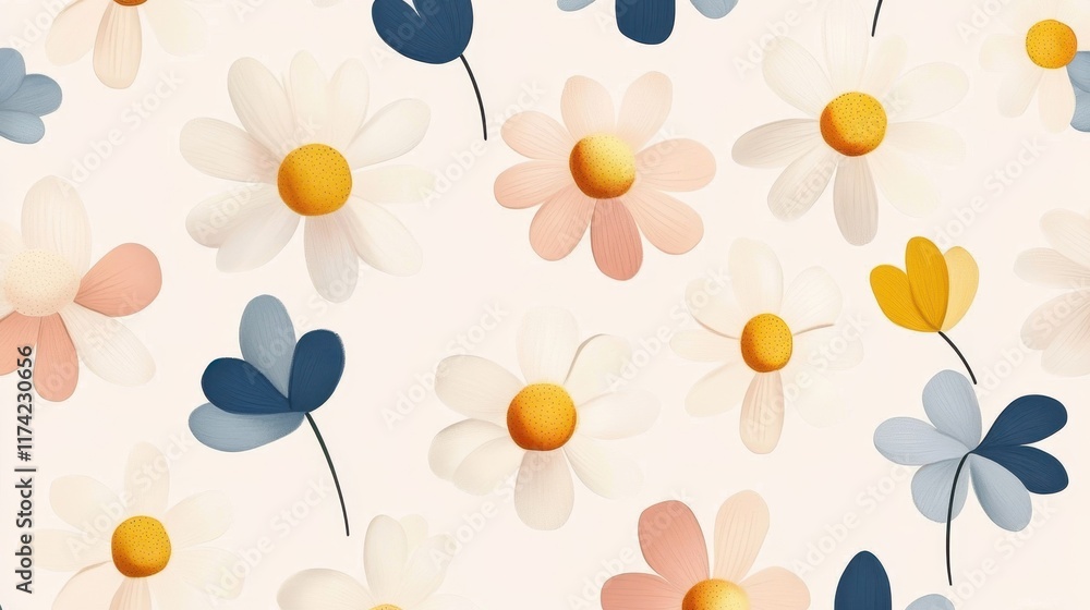 Floral Delight: A seamless pattern of delicate daisies in soft pastels and shades of blue, evoking a sense of tranquility and charm. Perfect for adding a touch of nature to your designs. Floral Delight: A seamless pattern of delicate daisies in soft pastels and shades of blue, evoking a sense of tranquility and charm. Perfect for adding a touch of nature to your designs.