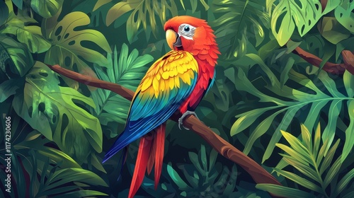 Wallpaper Mural Scarlet Macaw in Lush Jungle: A vibrant Scarlet Macaw perches serenely on a branch amidst a lush tropical jungle. Torontodigital.ca