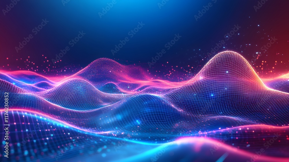Abstract technology background features a surreal landscape with glowing digital grids and vibrant neon lights, creating a visually captivating scene that represents the intersection of technology Abstract technology background features a surreal landscape with glowing digital grids and vibrant neon lights, creating a visually captivating scene that represents the intersection of technology