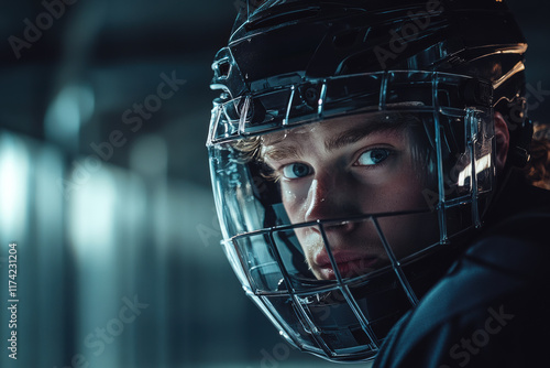 male ice hockey player is shown up close in full gear, his focused expression perfect for advertising sports equipment and safety gear. photo