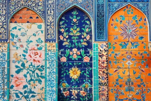 Colorful floral tiles decorating the shah jahan mosque in thatta, pakistan photo