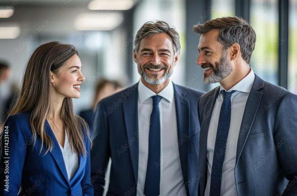 Professionals in groups of three are shown at business events, highlighting the importance of communication and teamwork in achieving business success. Professionals in groups of three are shown at business events, highlighting the importance of communication and teamwork in achieving business success.