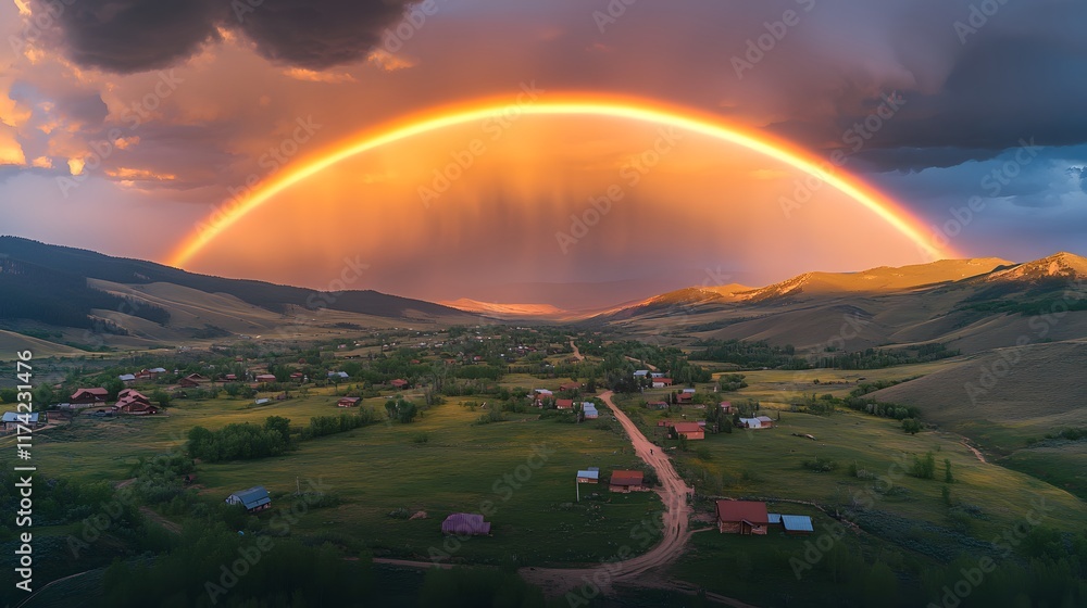 Obraz premium Double rainbow arches over mountain village amid rolling hills, dramatic stormy sky bathes scattered houses in golden sunset light, creating ethereal atmosphere in rural countryside.