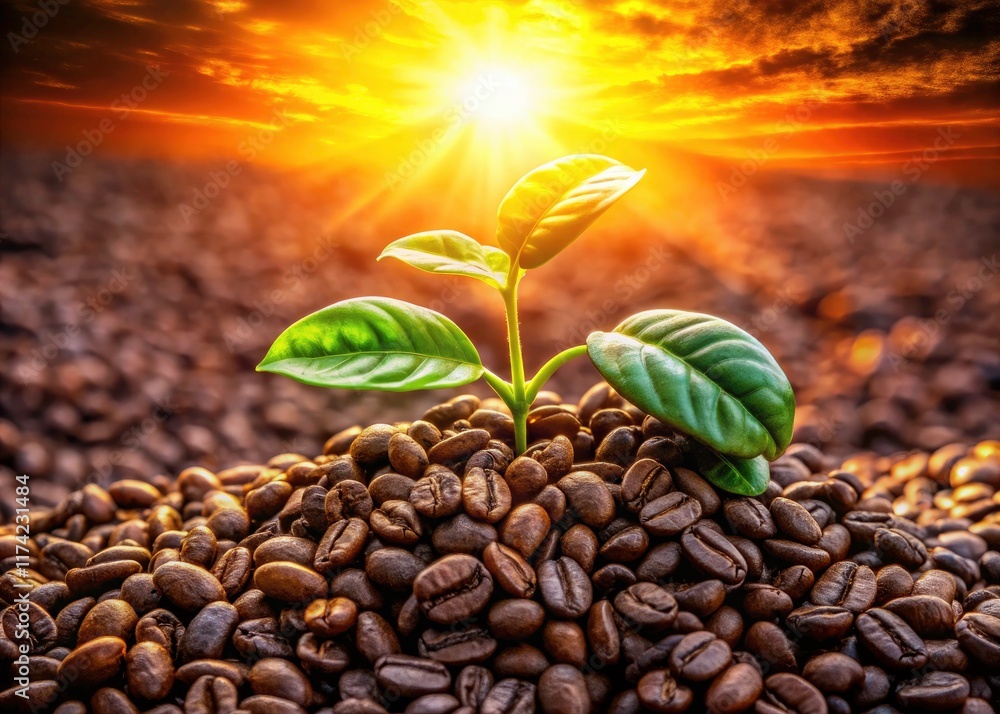 Obraz premium Life's essence captured: sunrise illuminates sprouting coffee beans from above.