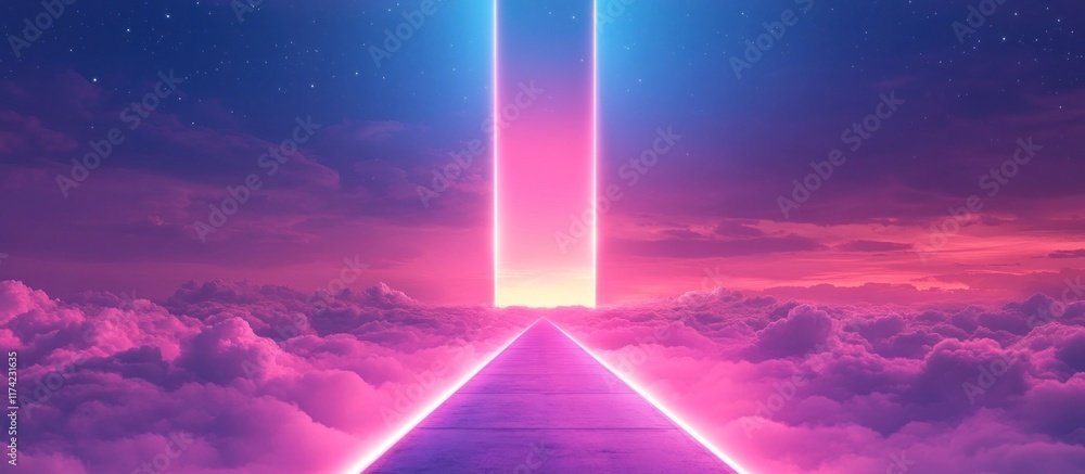 Fototapeta premium Majestic futuristic landscape with a glowing pyramid shaped portal or gateway leading to an ethereal cosmic beyond The sky is filled with dramatic vibrant hues of pink purple and blue