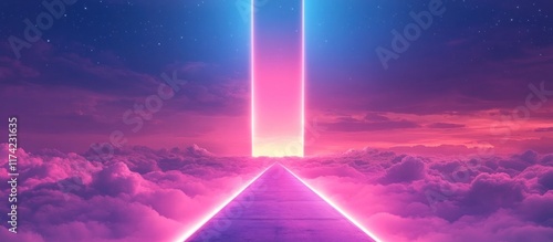 Majestic futuristic landscape with a glowing pyramid shaped portal or gateway leading to an ethereal cosmic beyond  The sky is filled with dramatic vibrant hues of pink purple and blue