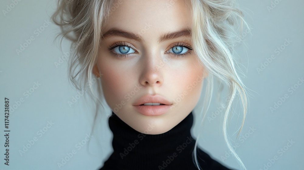 Blonde woman, turtleneck, portrait, studio Blonde woman, turtleneck, portrait, studio