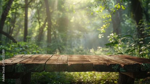 rustic wooden table in the foreground with a lush, green forest in the background