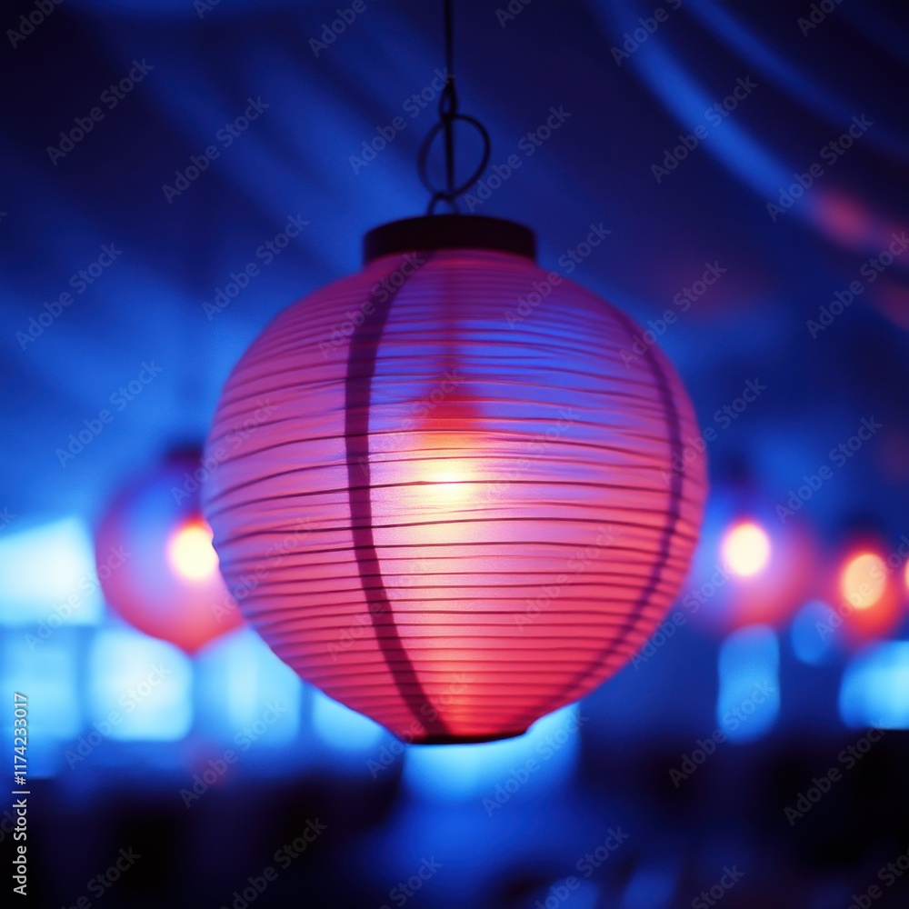 Fototapeta premium Illuminated pink paper lantern hanging indoors with blue background.