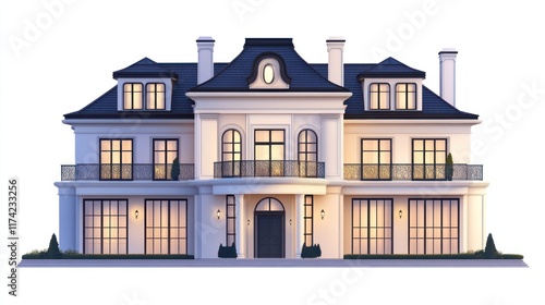 Wallpaper Mural Grand, two-story mansion with classic French architecture, illuminated windows, and manicured landscaping at dusk. Torontodigital.ca