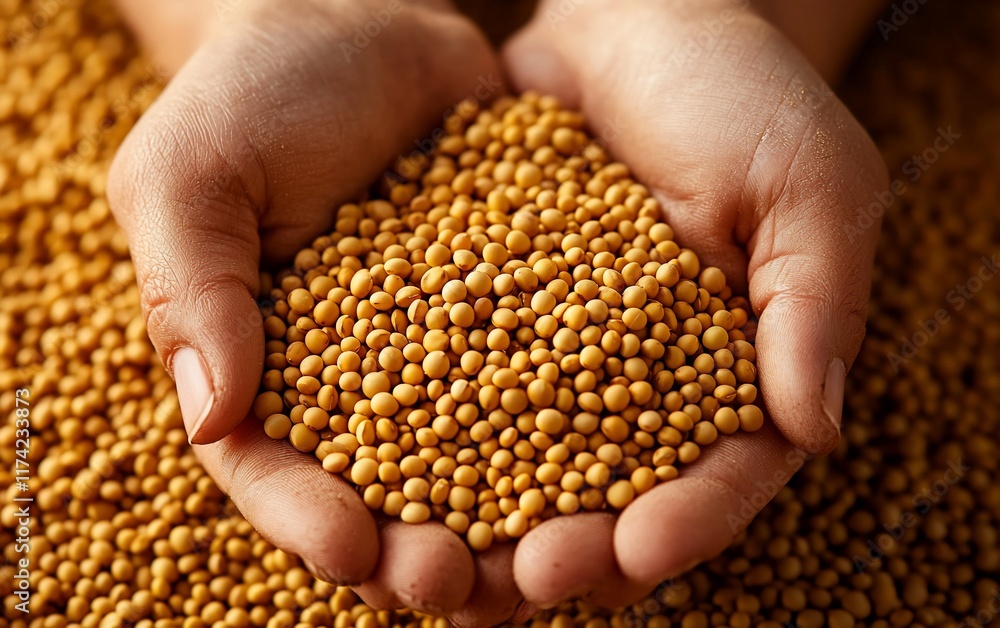 Hands cupping a pile of soybeans. Hands cupping a pile of soybeans.