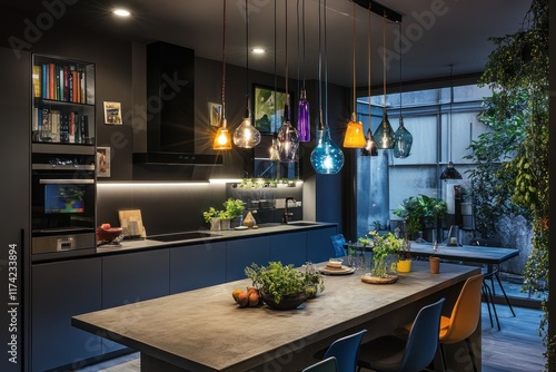 Modern kitchen island, colorful glass pendant lights, evening ambiance, interior design photo