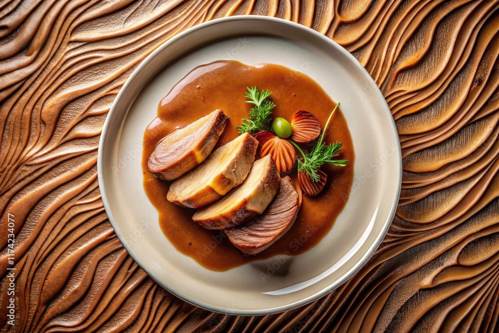 Modern food photography: a drone's-eye perspective of roast beef, set against a striking clay backdrop. Modern food photography: a drone's-eye perspective of roast beef, set against a striking clay backdrop.