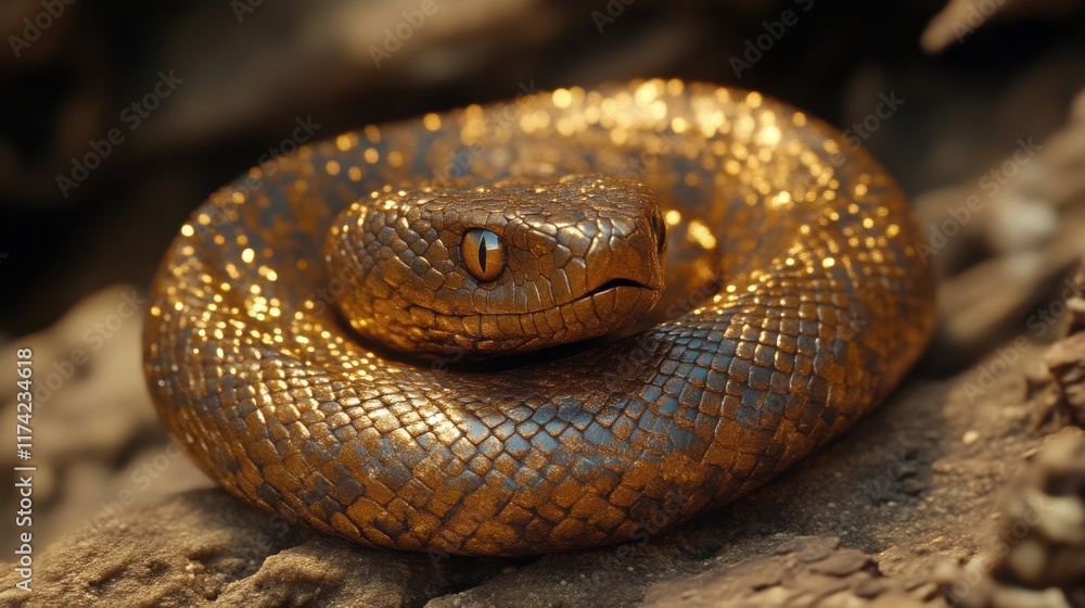 Fototapeta premium Golden snake coiled on rock, close-up.