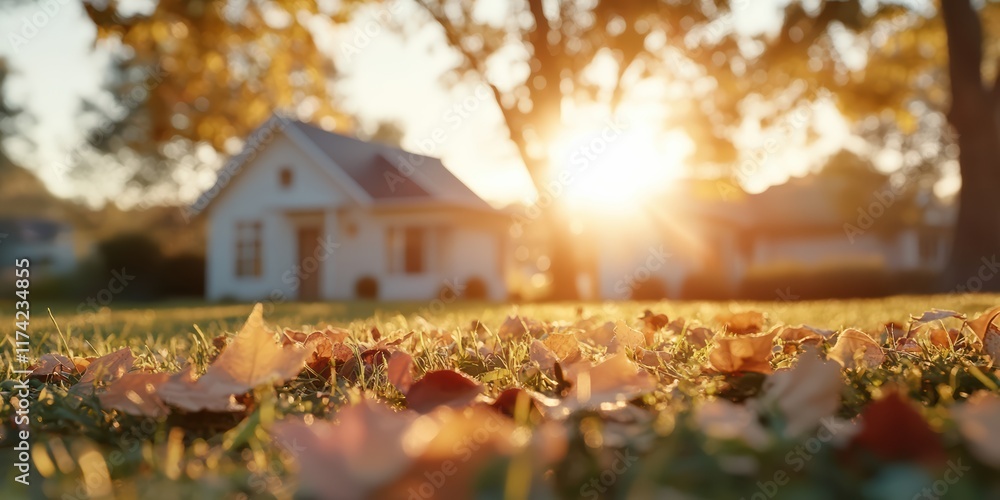A house with a white roof and a white door sits in front of a tree A house with a white roof and a white door sits in front of a tree