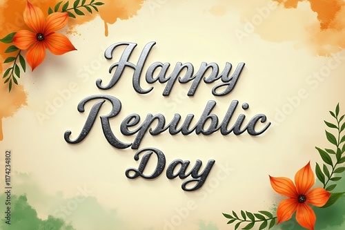 'Happy Republic Day' written in a modern calligraphy font with embossed silver letters, placed on a textured vintage parchment background with soft saffron and green watercolor splashes and eleg photo