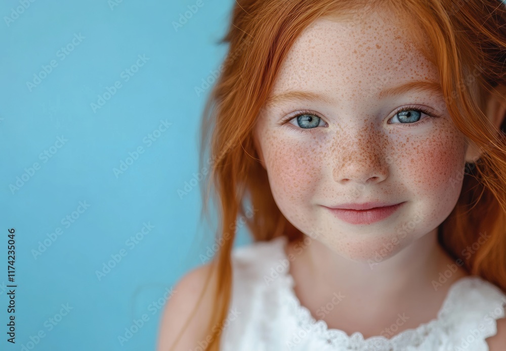 A red haired, freckled girl with blue eyes smiles softly, her unique features creating a captivating scene against teal. A red haired, freckled girl with blue eyes smiles softly, her unique features creating a captivating scene against teal.