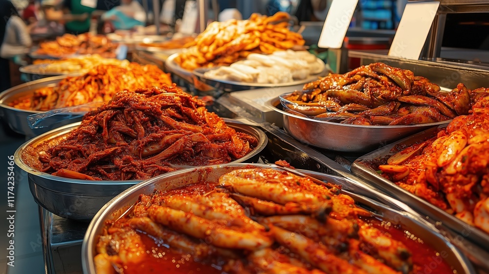 Assorted Korean Street Food and Kimchi in Metal Trays at Market
Assorted Korean Street Food and Kimchi in Metal Trays at Market
