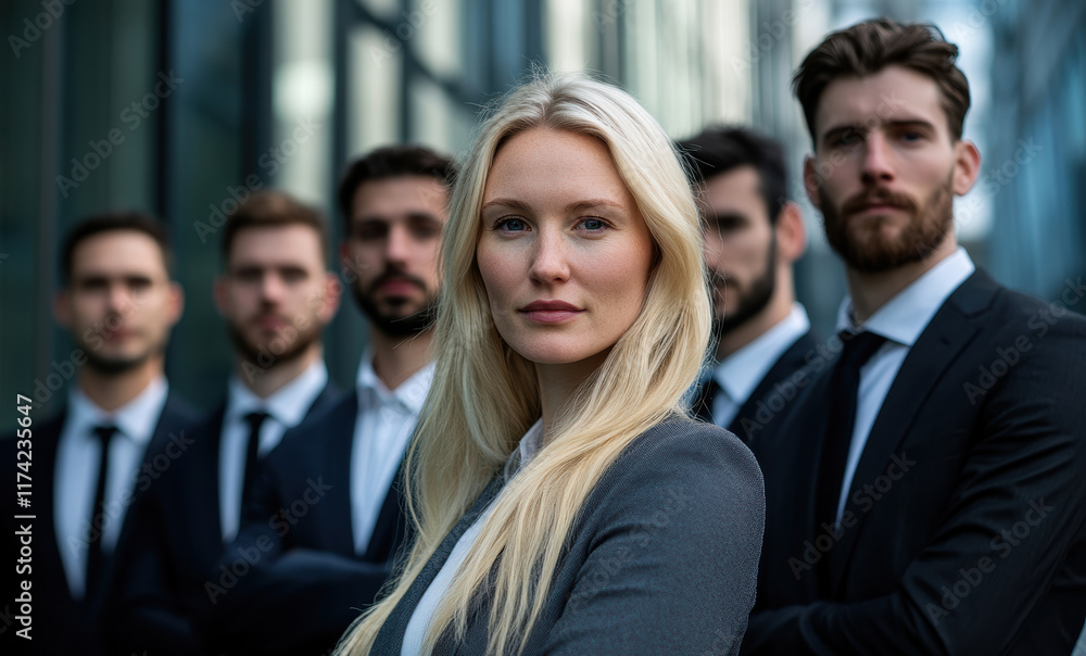 A confident leader stands with purpose, his team of diverse individuals behind him, symbolizing unity and strength in a powerful, urban setting. A confident leader stands with purpose, his team of diverse individuals behind him, symbolizing unity and strength in a powerful, urban setting.