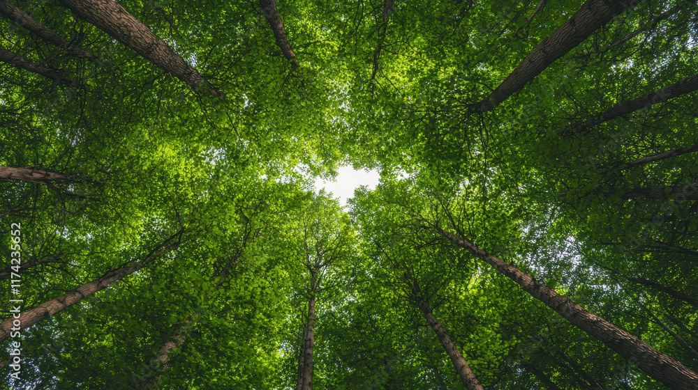 Obraz premium Upward view of forest majestic height and lush