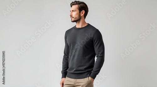 Stylish Man in Charcoal Crewneck Sweatshirt