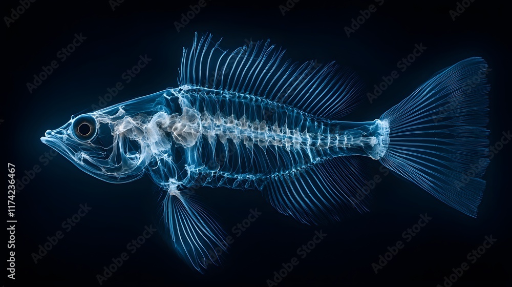 X-ray fish reveals glowing skeletal structure against black background, displaying transparent marine life with ethereal blue bioluminescent effect in scientific style. X-ray fish reveals glowing skeletal structure against black background, displaying transparent marine life with ethereal blue bioluminescent effect in scientific style.