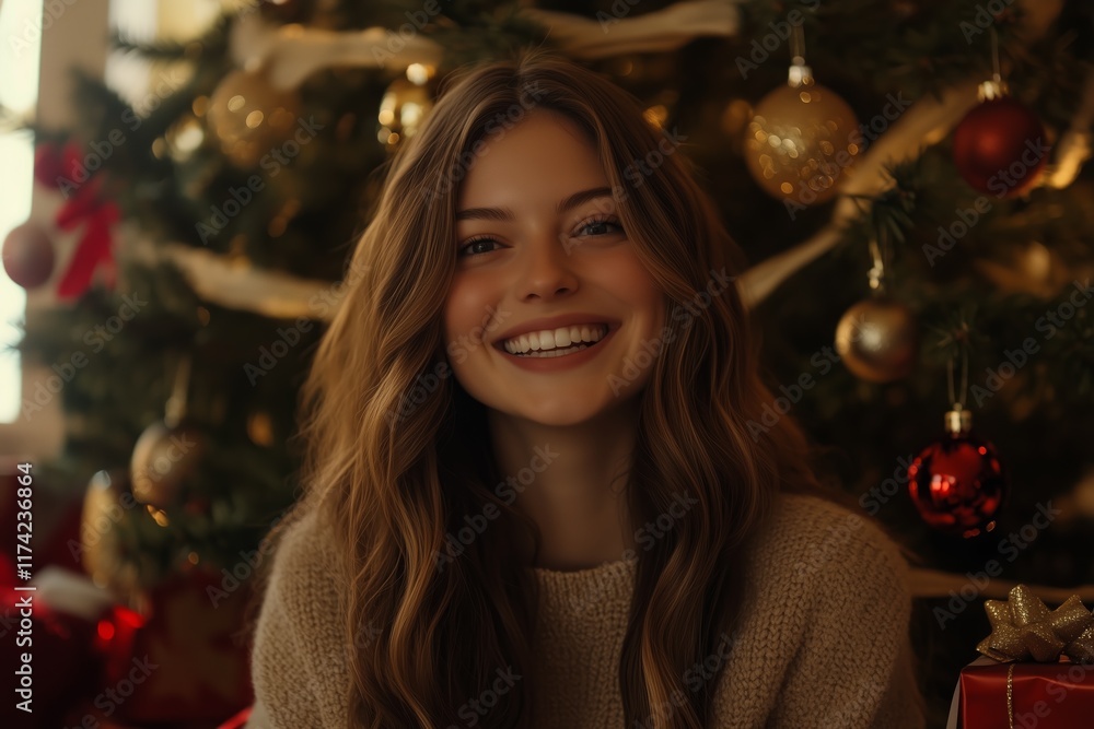 Smiling Woman Posing by Festive Christmas Tree with Decorations Smiling Woman Posing by Festive Christmas Tree with Decorations