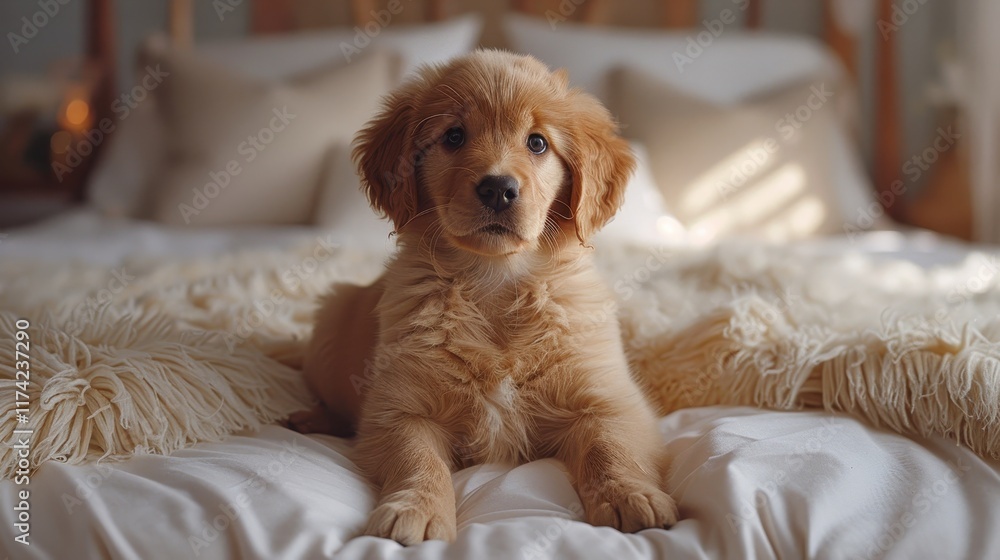 A golden retriever puppy resting on a cozy bed with soft pillows. A golden retriever puppy resting on a cozy bed with soft pillows.