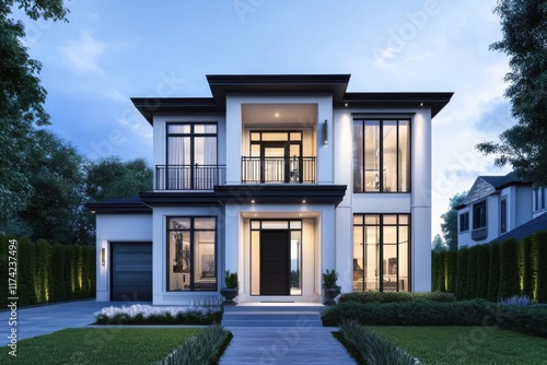 The exterior design of a contemporary home features expansive windows that invite natural light  complemented by sophisticated landscaping in a tranquil suburban setting during twilight hours